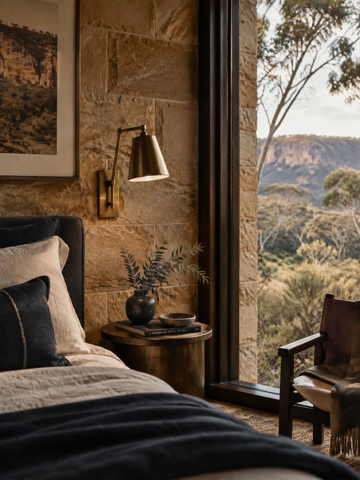 Warm interior detail of an Australian wilderness lodge with brass lamp and bushland view
