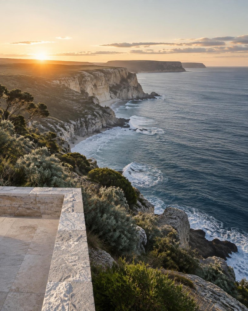 Stone terrace overlooking pale coastal cliffs and the ocean at sunset