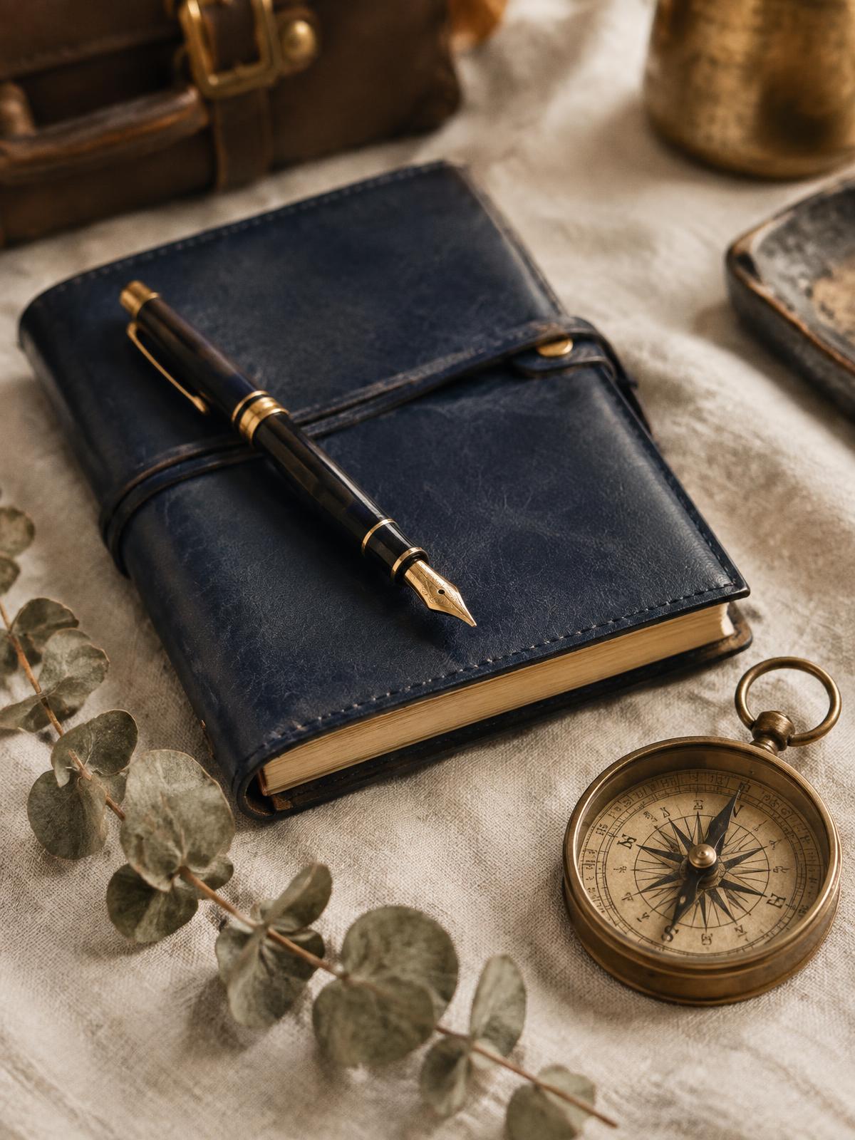 Curated travel planning still life with leather notebook, fountain pen and brass compass